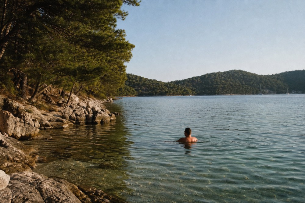 A swimmer resting in calm clear green water beside a rocky pine shaded shore