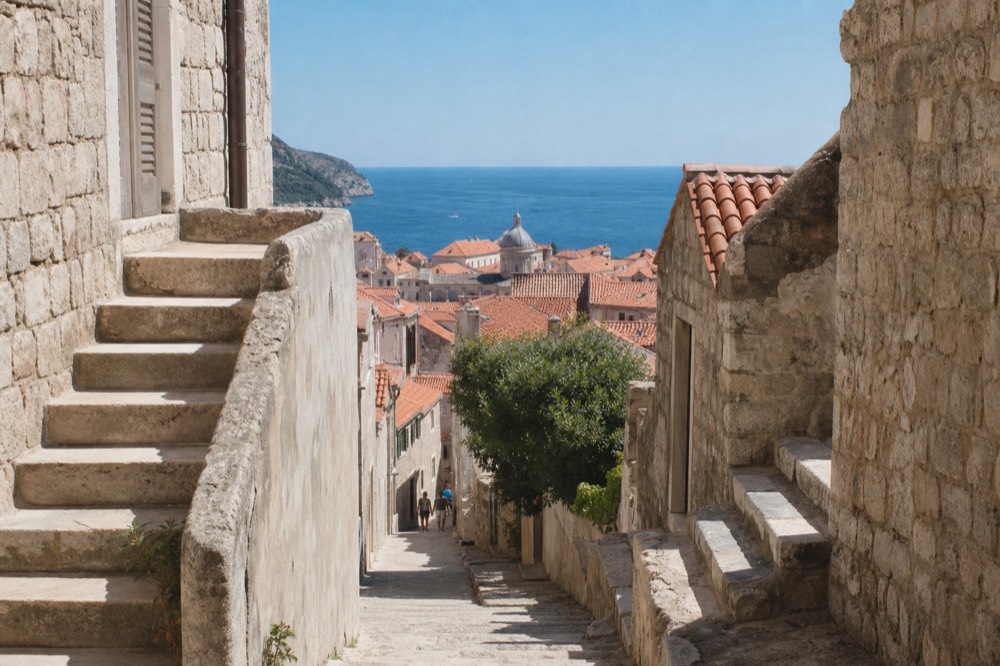 A narrow limestone lane in Dubrovnik Old Town with stone staircases rising on both sides