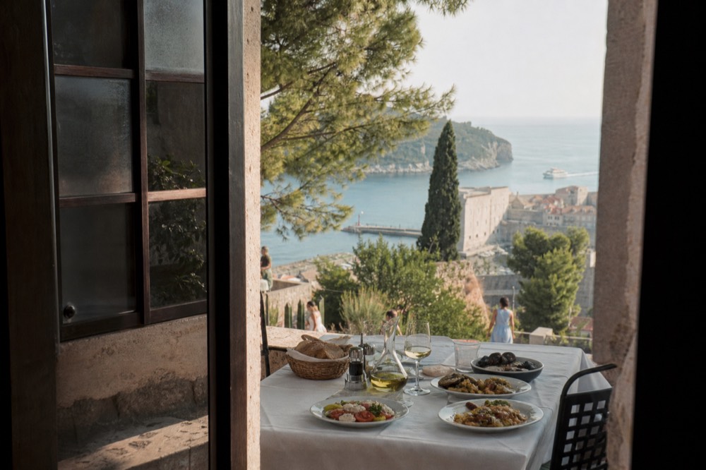 A table of Dalmatian dishes and local wine on a stone terrace in Dubrovnik