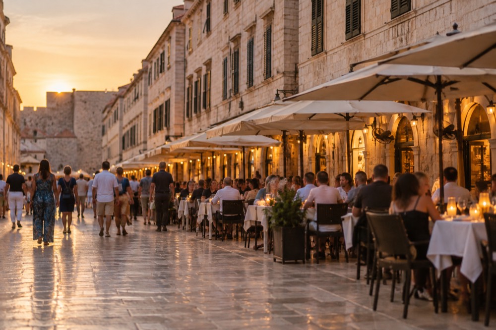 Crowded restaurant row on a wide limestone street in the evening