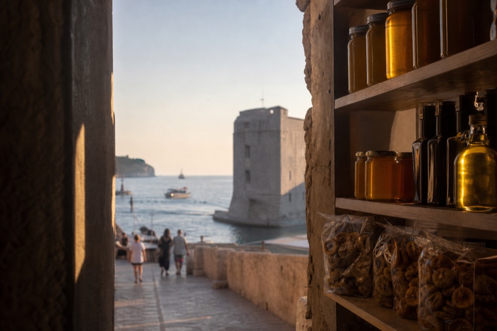 A shop shelf with jars of local honey, olive oil bottles and packets of dried figs