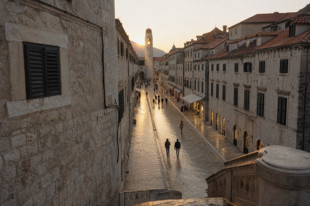 The main street of Dubrovnik at golden hour with limestone pavement glowing and shopfronts lit