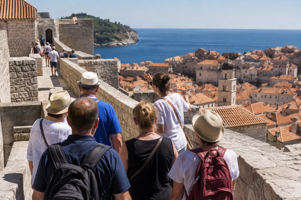 A guide speaking to a small group of visitors on the Dubrovnik city walls walkway
