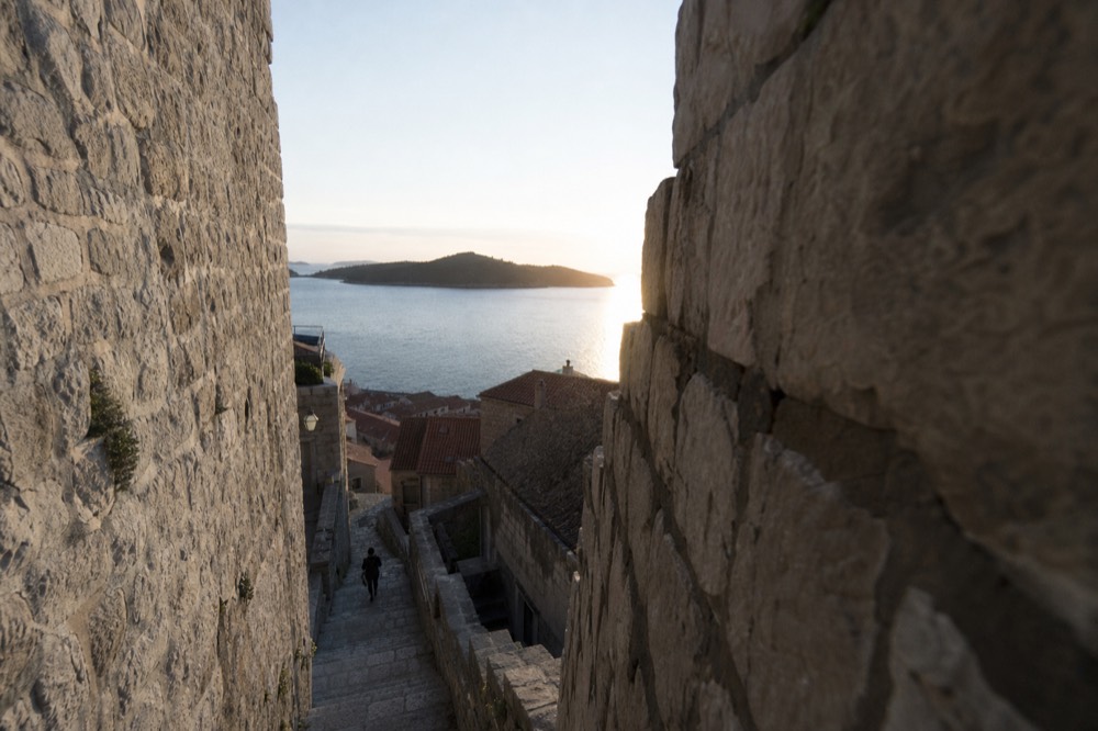 Sunset over Dubrovnik Old Town and the Adriatic seen from the hillside above the city