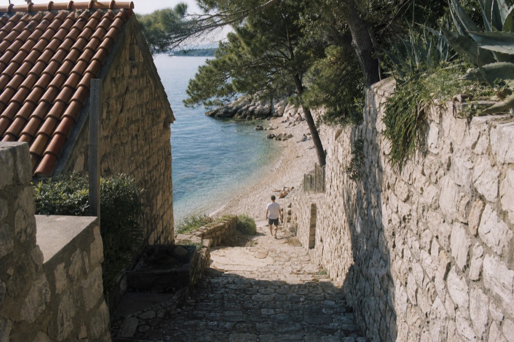 A pebble beach with clear shallow water and pine trees at the shoreline