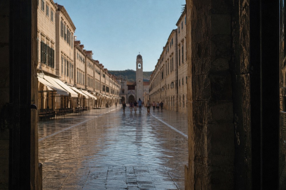 Long limestone pedestrian street with baroque stone facades on both sides under a clear sky