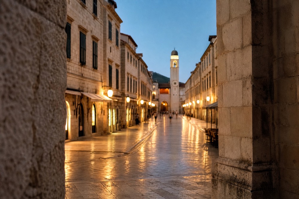 Evening view down a wide stone street toward an illuminated clock tower