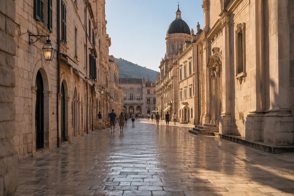A wide stone street with polished paving and tall baroque buildings in late afternoon light