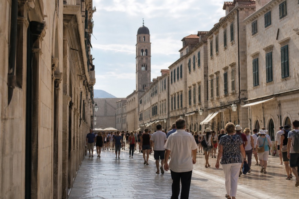 Crowded Stradun street in Dubrovnik with limestone paving and baroque facades