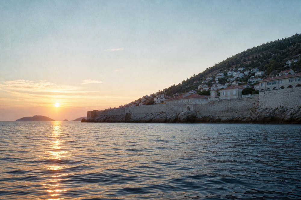 Sunset over the Adriatic seen from the water outside Dubrovnik's harbour