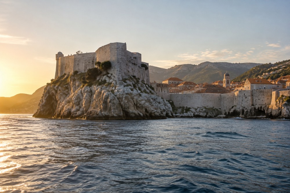 A walled city seen from the water at late afternoon with a fortress on a rocky point