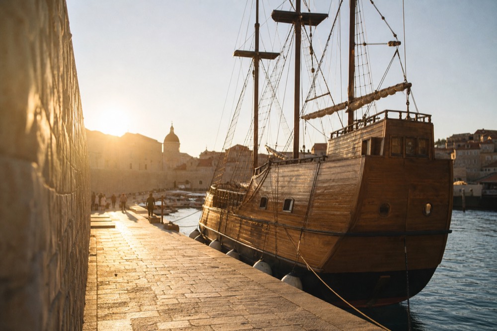 Traditional wooden sailing ship moored in Dubrovnik old harbour at golden hour