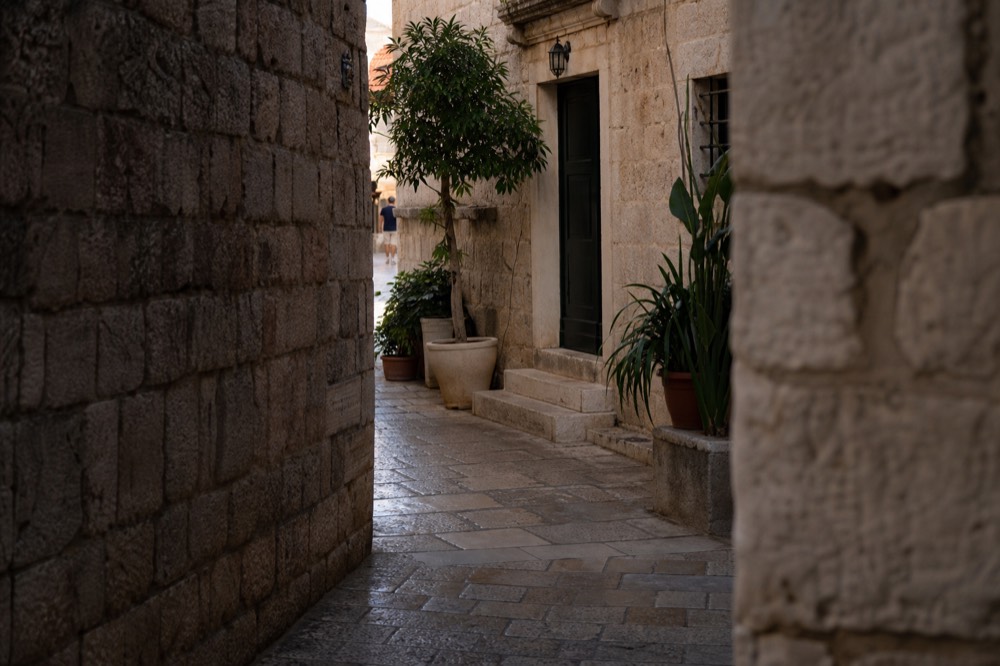 shaded stone alley in Dubrovnik old town with potted plants beside a doorway