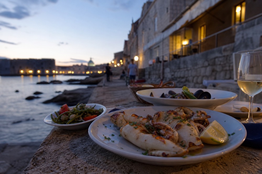 Outdoor restaurant table with seafood dishes on a stone street