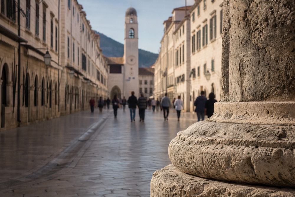The limestone Stradun street in Dubrovnik Old Town stretching toward the clock tower in morning light