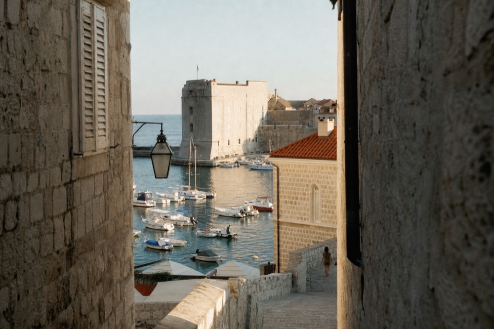 Boats moored in Dubrovnik's Old City Harbour in the early morning