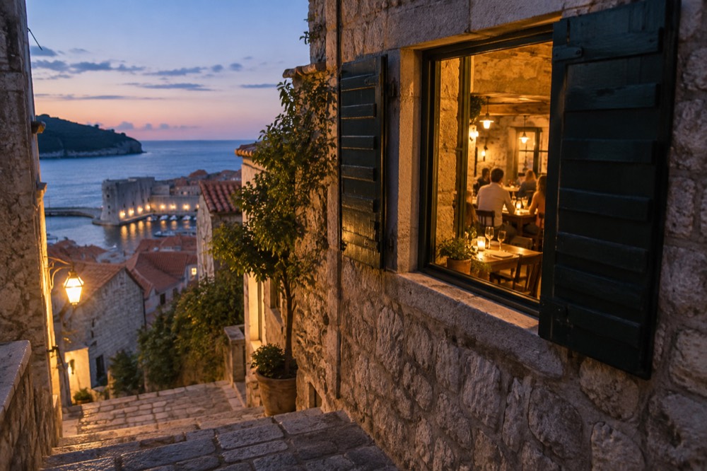 Warm lit interior of a small Dubrovnik konoba restaurant with wooden tables