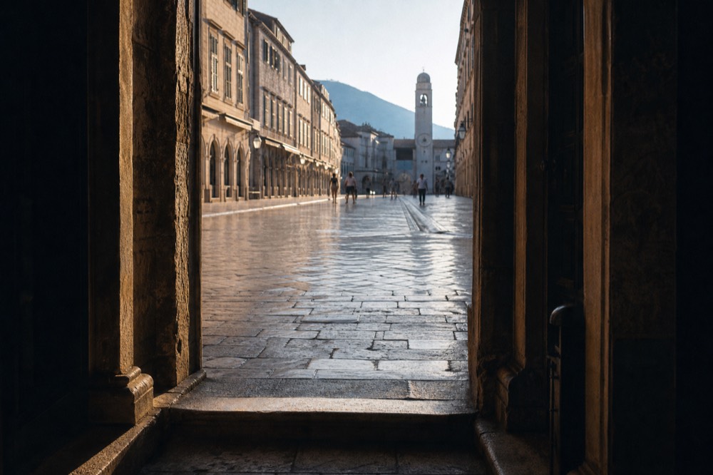 The Stradun main street in Dubrovnik Old Town with limestone paving and baroque facades in morning light